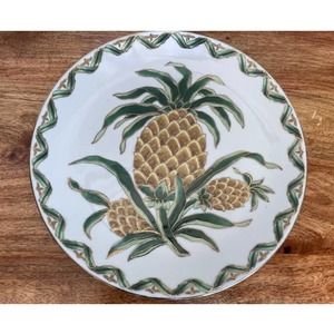 Rare Decorative Pineapple Platter, Wall Decor White Green Brown Gold Accents